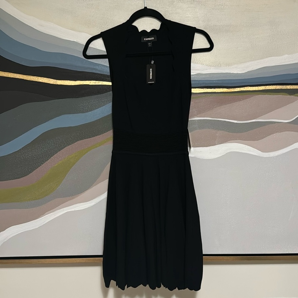Express black knit mini dress with scalloped neck detail
